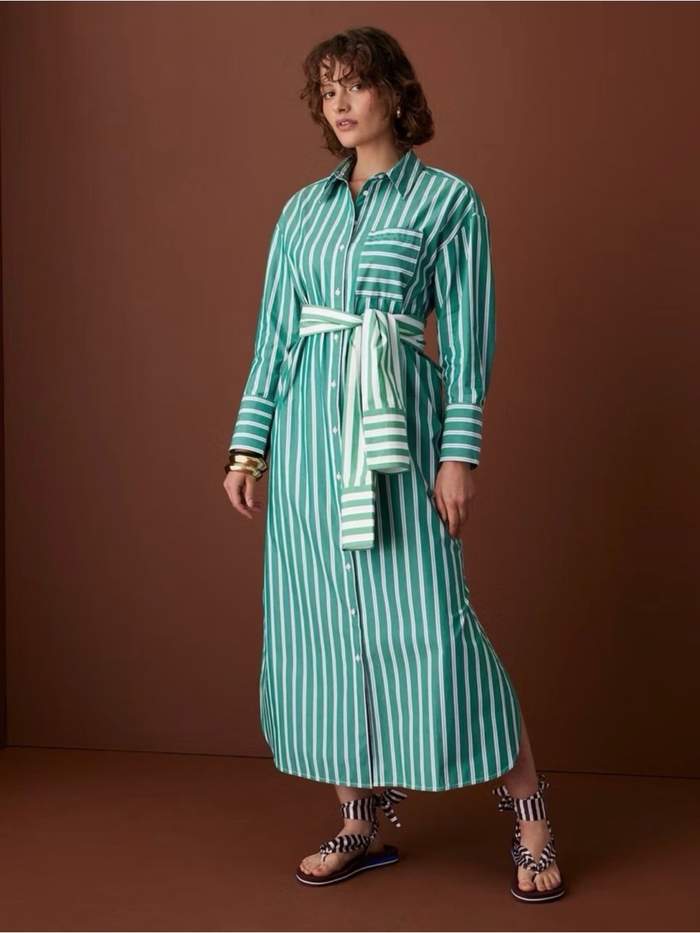 Target x Rosie Assoulin Tie-Waist Striped Poplin Maxi Shirt Dress Green/White